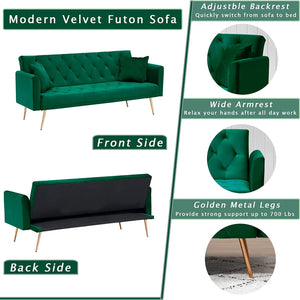 Velvet Futon Sofa Bed with 2 Pillows, Convertible Sleeper - EK CHIC HOME
