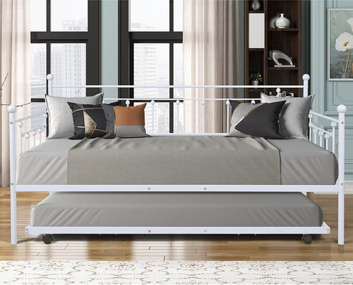 Twin Daybed with Trundle Metal Guest Bed Frame for Living Room - EK CHIC HOME
