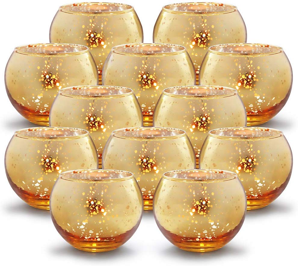 Round Gold Votive Candle Holders - Mercury Glass Tealight Set of 12 - EK CHIC HOME