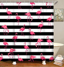 Load image into Gallery viewer, Flamingo Shower Curtains, Black and White Striped with Hooks - EK CHIC HOME