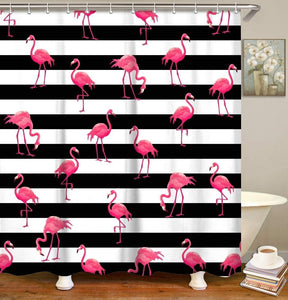 Flamingo Shower Curtains, Black and White Striped with Hooks - EK CHIC HOME