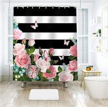 Load image into Gallery viewer, Black and White Striped Shower Curtain with Pink Roses - EK CHIC HOME