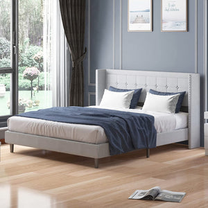 Queen Size Platform Bed Frame with Wingback Headboard - EK CHIC HOME