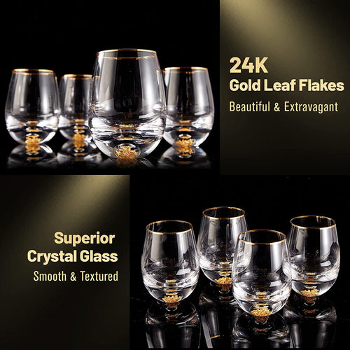 Stemless Wine Glasses Set of 4 (14oz), Crystal  with 24K Gold Leaf Flakes - EK CHIC HOME