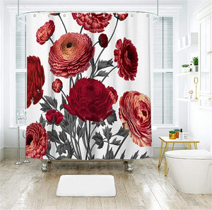 Floral Shower Curtain with Hooks, Maroon Red 72x72 inch - EK CHIC HOME