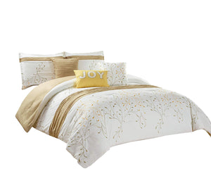 Joy 6 Pieces Ivory/Gold Tree Branches Embroidery Design Bedding Comforter Set - EK CHIC HOME