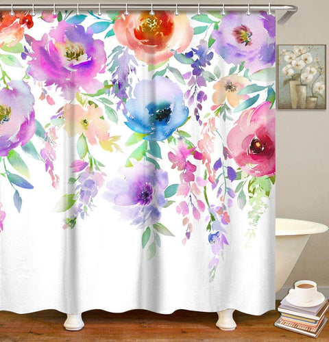 Colorful Flowers Bathroom Curtain with Hooks 72x72 - EK CHIC HOME