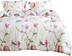 Floral Comforter Set, Botanical Flowers and Birds Pattern Printed,100% Cotton - EK CHIC HOME