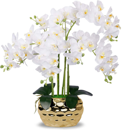 Artificial Orchid- Silk Plant in Gold Pot Arrangement - EK CHIC HOME
