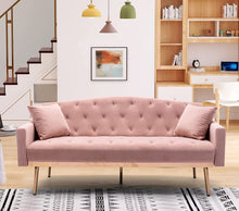 Load image into Gallery viewer, Velvet Futon Sofa Mid Century - Gold Metal Legs and 2 Pillows - EK CHIC HOME