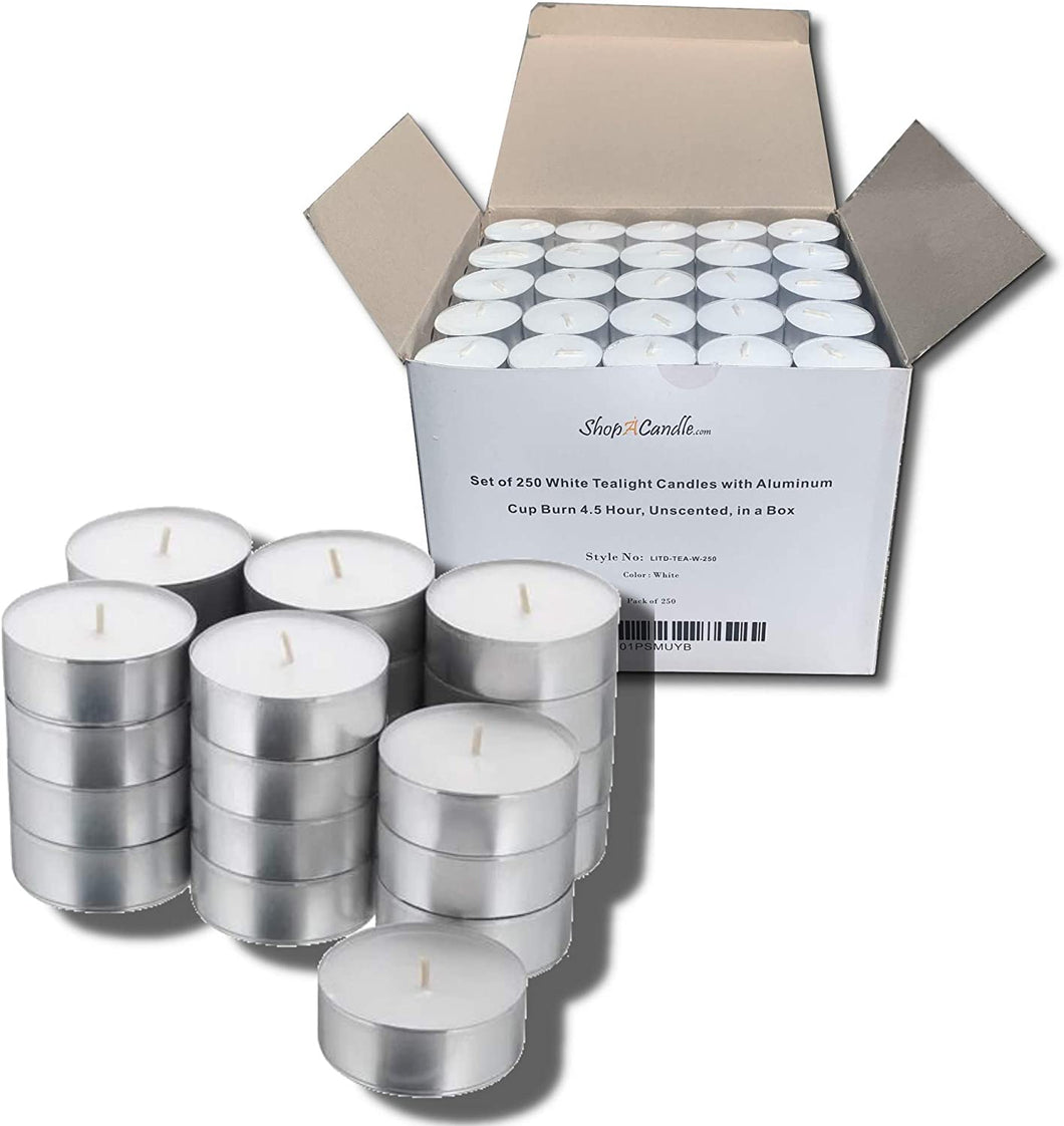 Bulk Set of 250 Tealight Candles in Metal Cups (White) 4.5 Hour Burn Time - EK CHIC HOME