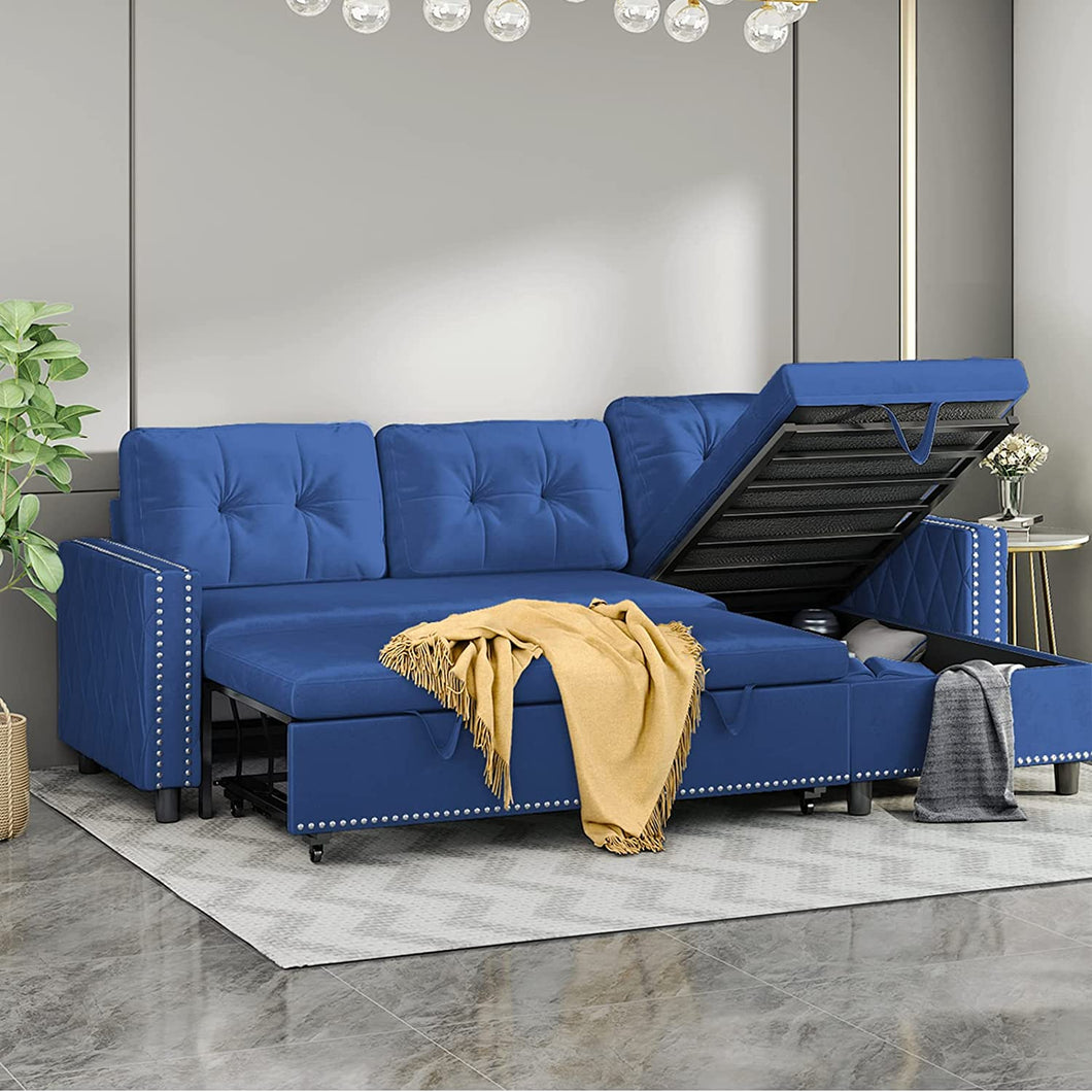 Velvet Reversible Sleeper Sofa with Large Storage Chaise, 3 Seat Reversible - EK CHIC HOME