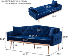 Load image into Gallery viewer, Velvet Futon Sofa Mid Century - Gold Metal Legs and 2 Pillows - EK CHIC HOME