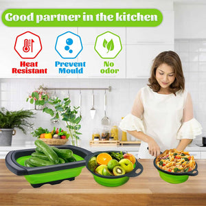 Collapsible Colander Silicone Strainer Set 3 Foldable Food Strainers - EK CHIC HOME