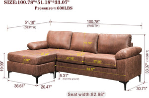 Suede Fabric Sofa 3-Seat L-Shape Sectional Sofa Couch Set w/Chaise (Dark Brown) - EK CHIC HOME