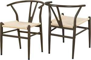 Set of 2 Weave Arm Chair Mid-Century Metal Dining Chair Y-Shaped - EK CHIC HOME