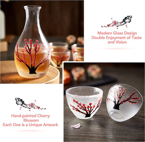 Japanese Sake Set for 4, Handcraft Pink Cherry Blossoms Design - 6 pcs - EK CHIC HOME