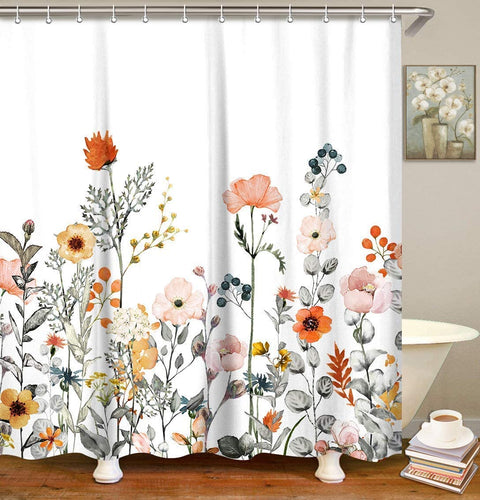 Floral Shower Curtain Set with 12 Hooks Watercolor 72
