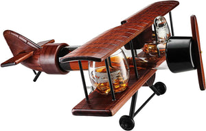 Whiskey & Wine Decanter Airplane Set and Glasses Antique Wood Airplane - EK CHIC HOME