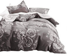 Load image into Gallery viewer, Gray Floral Duvet Cover Set, 100% Cotton Bedding, White Rose - EK CHIC HOME