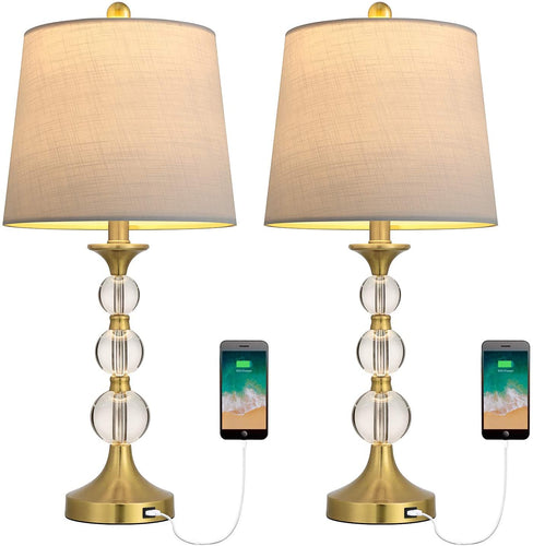 USB Table Lamps Set of 2 Accent Antique Brass - EK CHIC HOME
