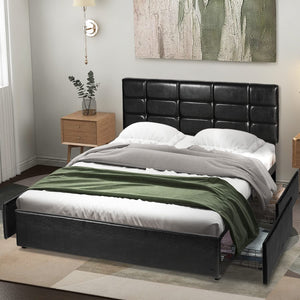 Queen Bed Frame with 4 Storage Drawers, Upholstered Platform Bed - EK CHIC HOME