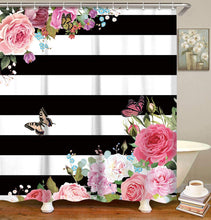 Load image into Gallery viewer, Striped Fabric Pink Floral Shower Curtains Set - EK CHIC HOME