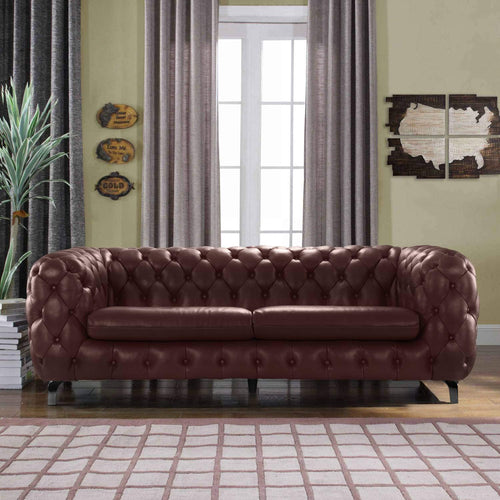Brown Leather Chesterfield Sofa Couch w/Tufted Arms -Top Grain Leather - EK CHIC HOME