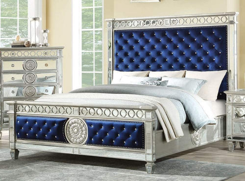 Queen Bed - - Blue Velvet & Mirrored - EK CHIC HOME