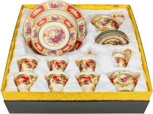 24-pc Tea Cake Set 'Britten' For 6, Bone China Porcelain (Red) - EK CHIC HOME