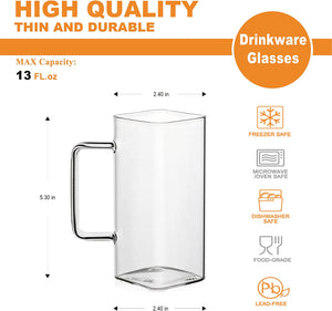 Drinking Glasses 13 oz With Handle, Set of 4 Thin Square - EK CHIC HOME