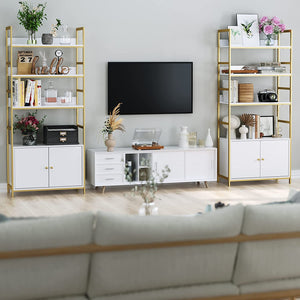 Bookcase with 2 Cabinets, White and Gold with Doors and Metal Frame - EK CHIC HOME