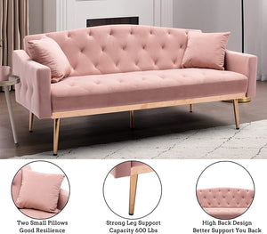 Velvet Futon Sofa Mid Century - Gold Metal Legs and 2 Pillows - EK CHIC HOME
