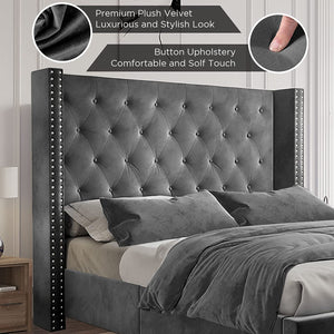 Queen Bed Frame Low Profile Platform Bed Upholstered Frame Velvet - EK CHIC HOME