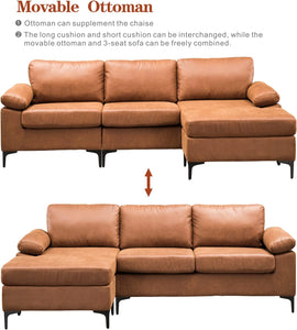 Suede Fabric Sofa 3-Seat L-Shape Sectional Set w/Chaise (Brown) - EK CHIC HOME