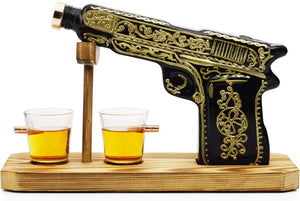 Hand Painted Pistol Whiskey  Gun Decanter & 2 Bullet Shot Glasses - EK CHIC HOME