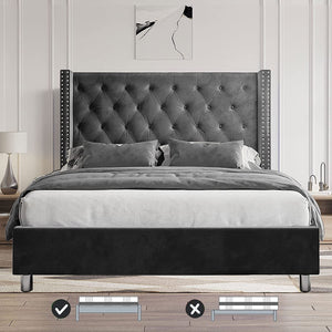 Queen Bed Frame Low Profile Platform Bed Upholstered Frame Velvet - EK CHIC HOME