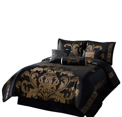 7-Piece Jacquard Floral Comforter Set Bed-in-a-Bag Set Black Gold - EK CHIC HOME