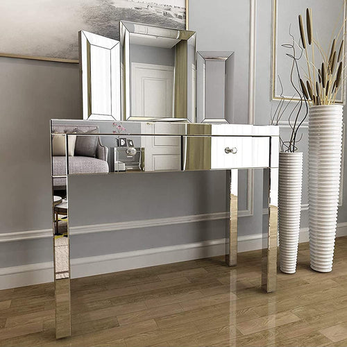 Mirrored Vanity Set with Tri-Folding Mirror Vanity Table with 2 Drawers - EK CHIC HOME