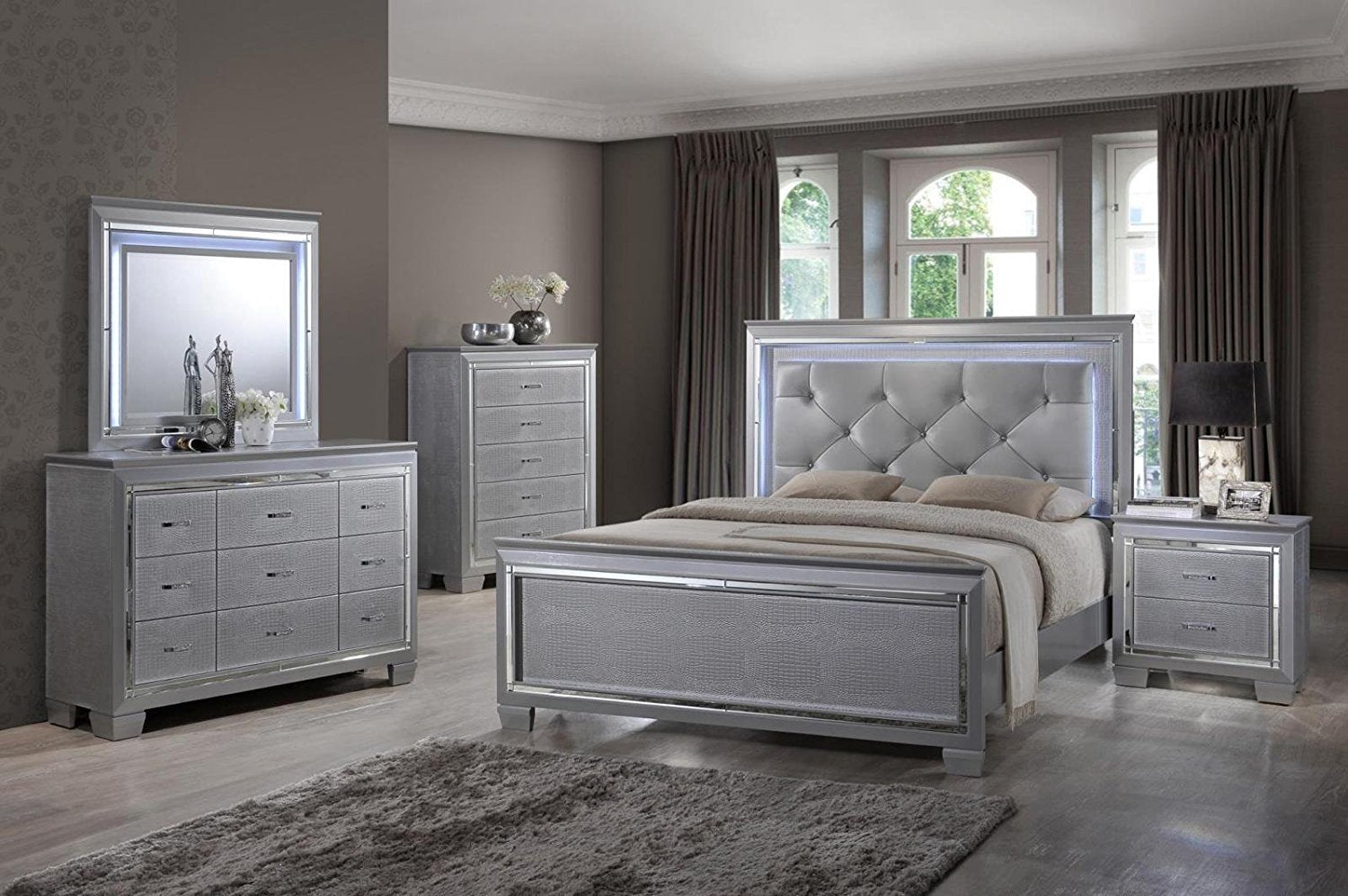 Silver upholstered bed with diamonds sales