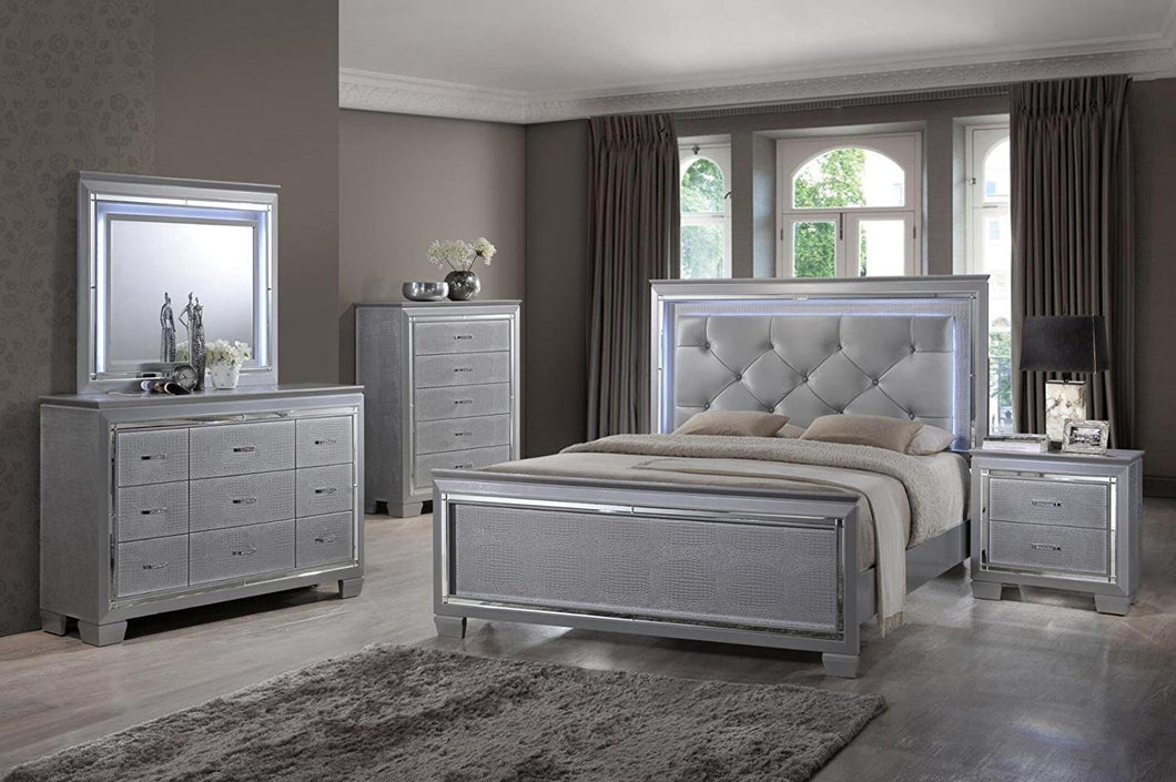 Tinley Silver Finish Diamond Tufted Bedroom Set 5 Pcs with Led Lights Alligator Texture w/Chest (Queen) - EK CHIC HOME