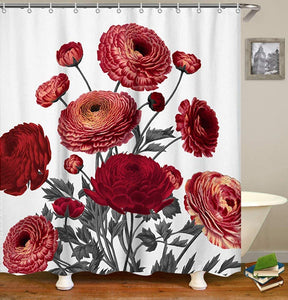 Floral Shower Curtain with Hooks, Maroon Red 72x72 inch - EK CHIC HOME
