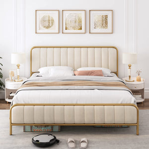 Upholstered Bed Frame with Button Tufted Headboard, Heavy Duty Metal - EK CHIC HOME