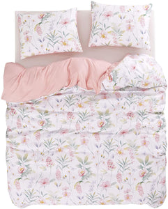 Floral Comforter Set, Pink Botanical Flower and Green Tree Leaves Pattern - EK CHIC HOME