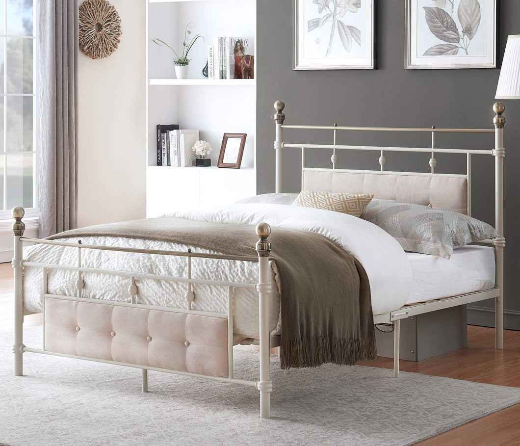 Ivory-White Modern Metal Platform Bed Frame with Elegant Upholstered Headboard and Footboard - EK CHIC HOME