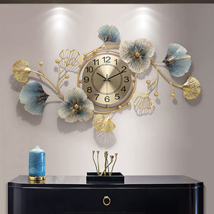 Large Wall Clock Creative Metal Ginkgo Leaf Design - EK CHIC HOME