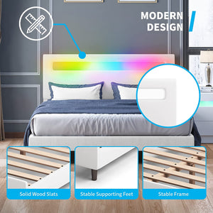 Platform Bed Frame with Smart RGB LED Light Bar, Queen Size - EK CHIC HOME