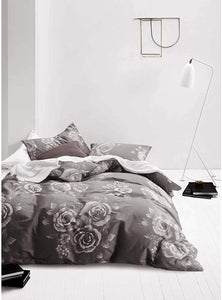 Gray Floral Duvet Cover Set, 100% Cotton Bedding, White Rose - EK CHIC HOME