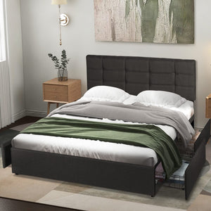 Queen Bed Frame with 4 Storage Drawers, Upholstered Platform Bed - EK CHIC HOME