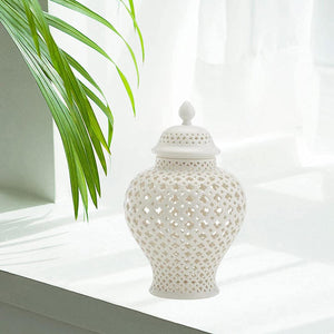Ceramic Ginger Jar with Lid Decorative Flower Vase Display Jars White - EK CHIC HOME